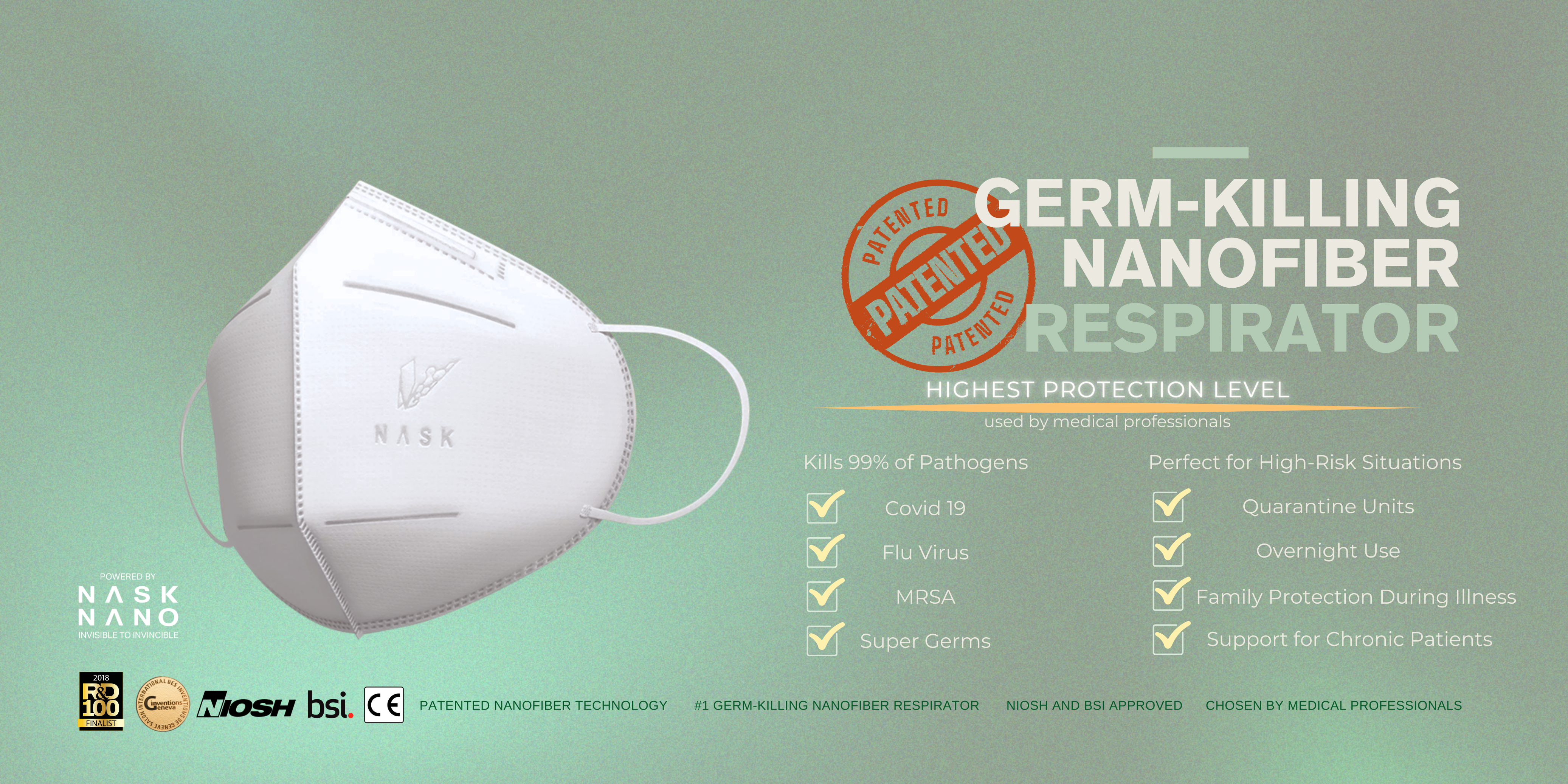Nask Nanofiber respirators banner for homepage. Texts in english